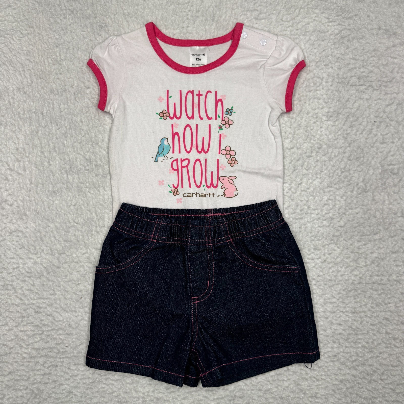 NWOT Girl Size 12 Month Carhartt Denim Shorts and Shirt Set Logo Pink