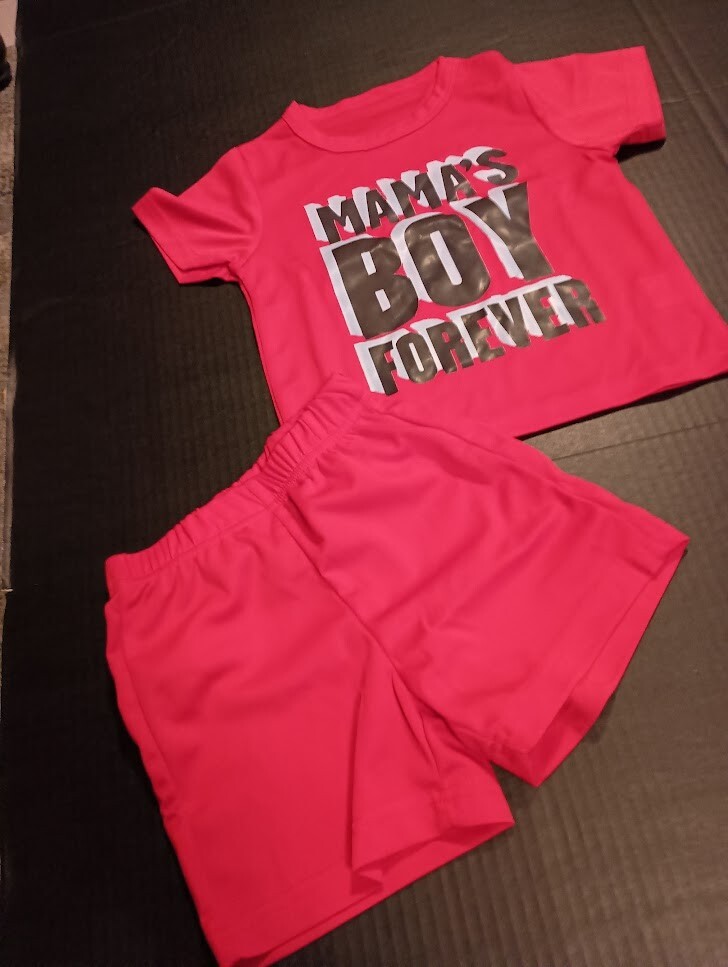 “MAMA’S BOY FOREVER” 2 pc T-Shirt & Shorts Set 100% Polyester-Red or Blue-SZ 1-2