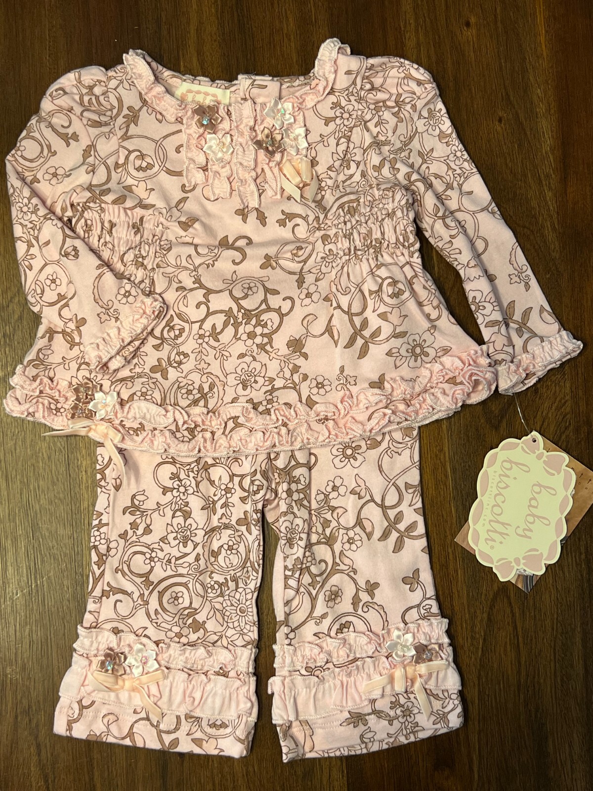NWT Boutique BABY BISCOTTI Precious Pant Set 3M GORGEOUS PRINT & EMBELLISHMENTS