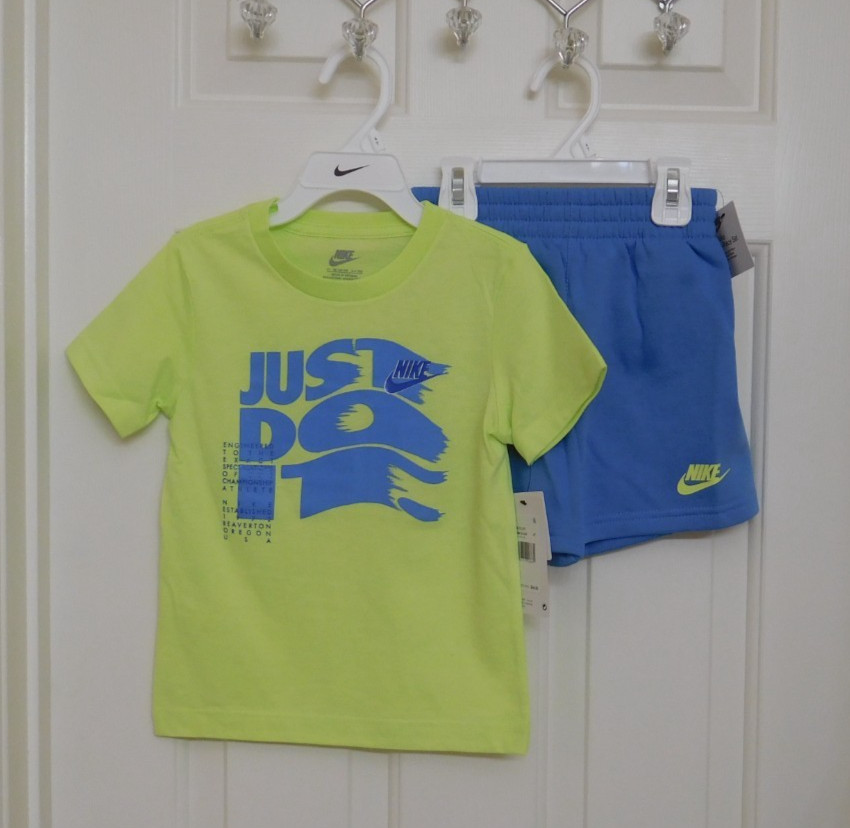 NWT 2pc Nike Green Blue Just Do It Logo Shirt & Sweat Shorts Set sz 2t 3t or 4t