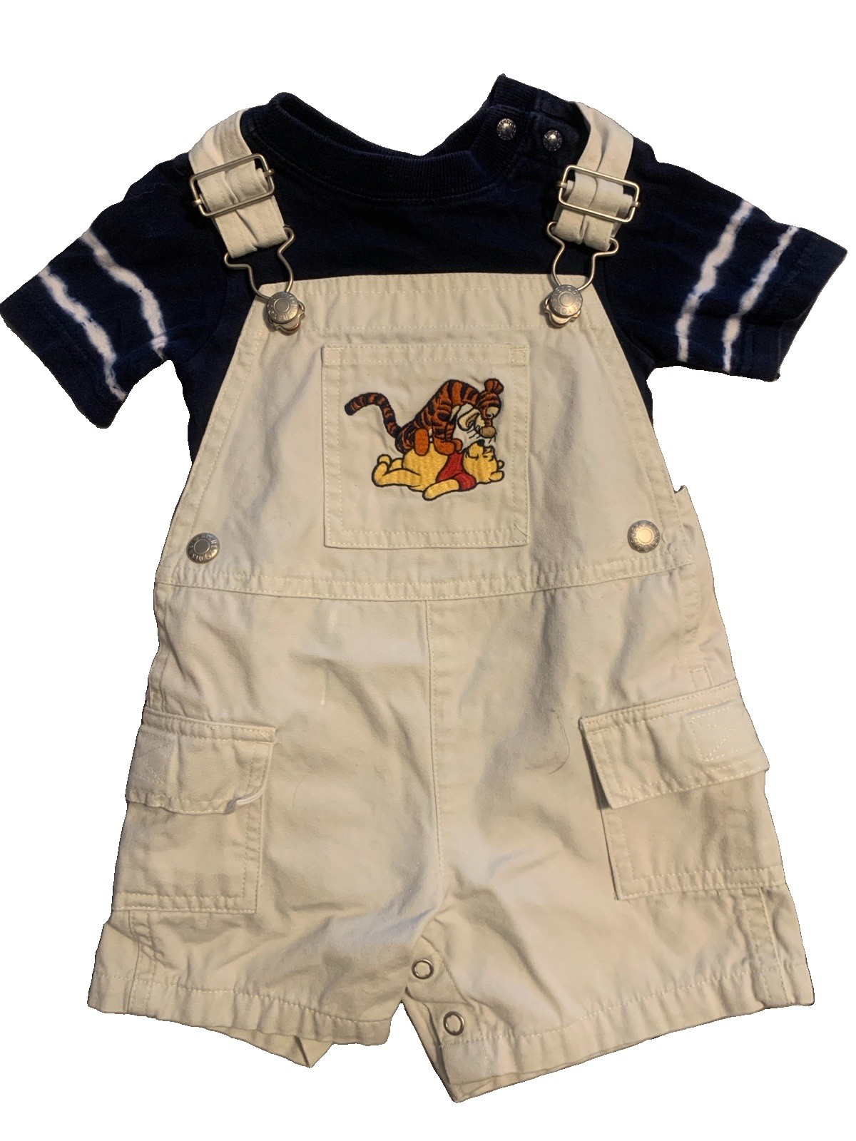 Disney 2001 Tigger & Pooh Embroidered Overalls/Shortalls w/bodysuit sz 6 mos VTG