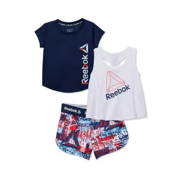 Reebok Toddler Girls Navy Red & White 3pc T-Shirt Tank Top & Shorts Set 2T NEW