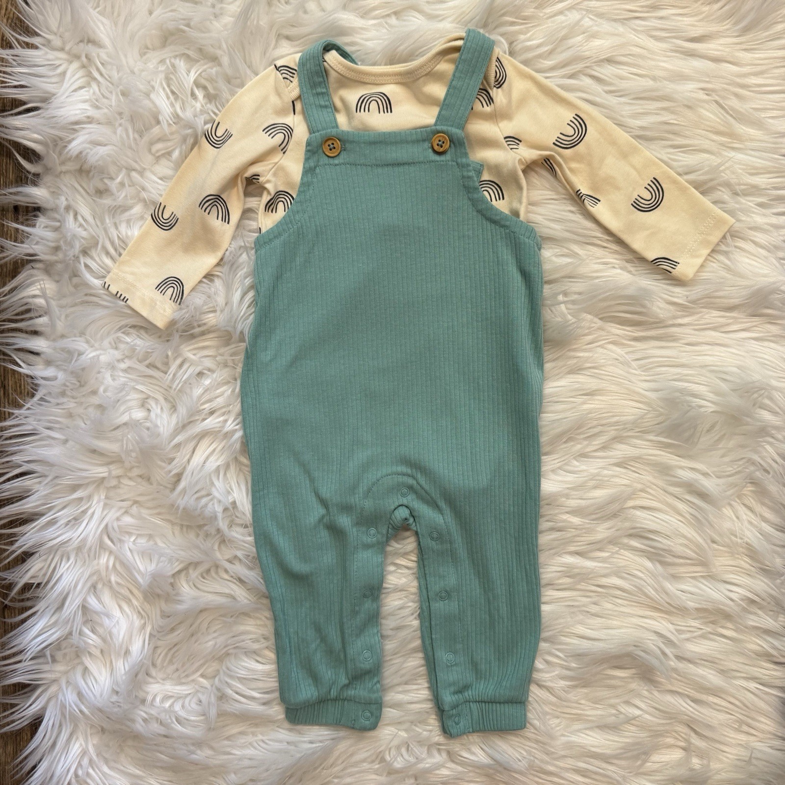 Cat & Jack Overall Romper Set Baby Boy 3-6M Teal Rainbow Ribbed Bodysuit EUC