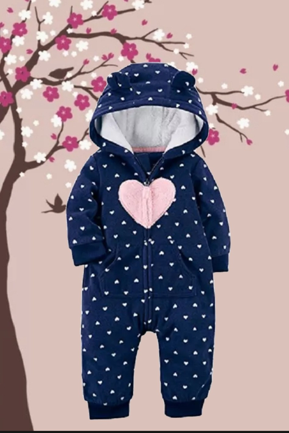 9 month Carters Blue Full Zip Polka-dot / Heart Fleece Hooded Coverall Outfit