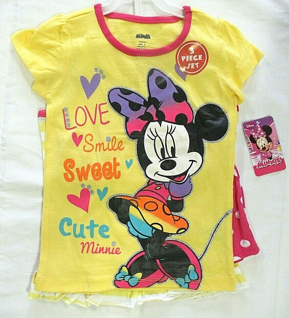 3pc NWT DISNEY Minnie Mouse Girl’s Tee Tank Shorts Set Yellow Stripes Sz 5