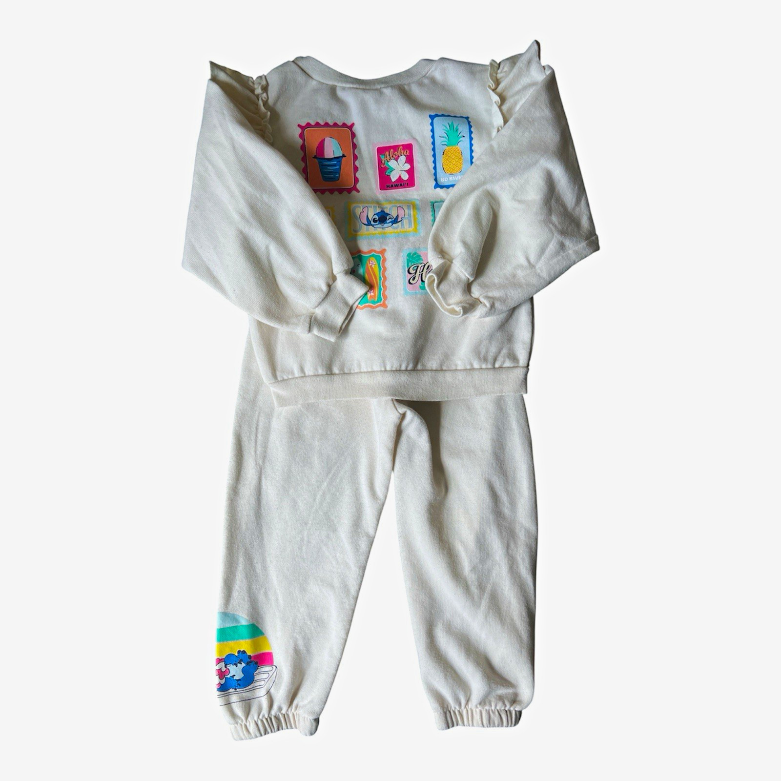 Disney Stitch Toddler Girls Cream Fleece Ruffle Sweatshirt Jogger Set 2pc 3T EUC