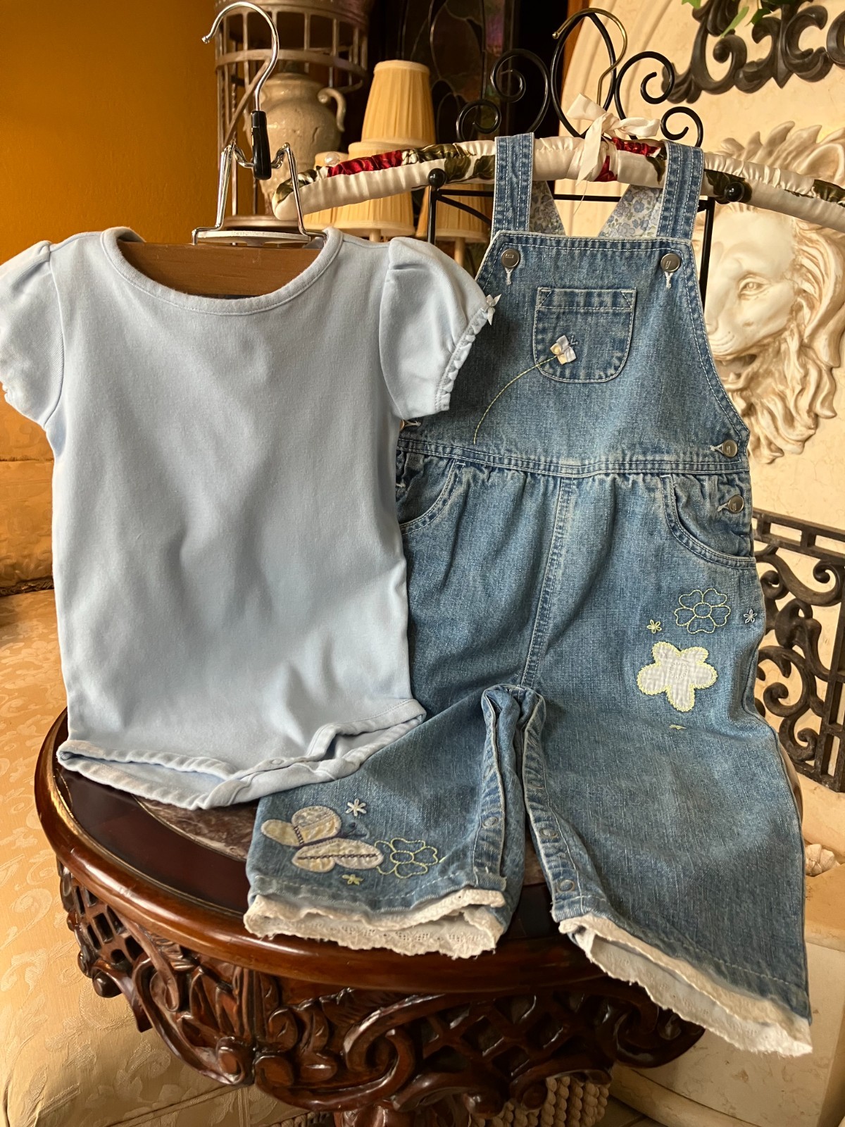 Vtg Gymboree 2003 Floral Patchwork butterfly denim jean overalls bodysuit 18-24