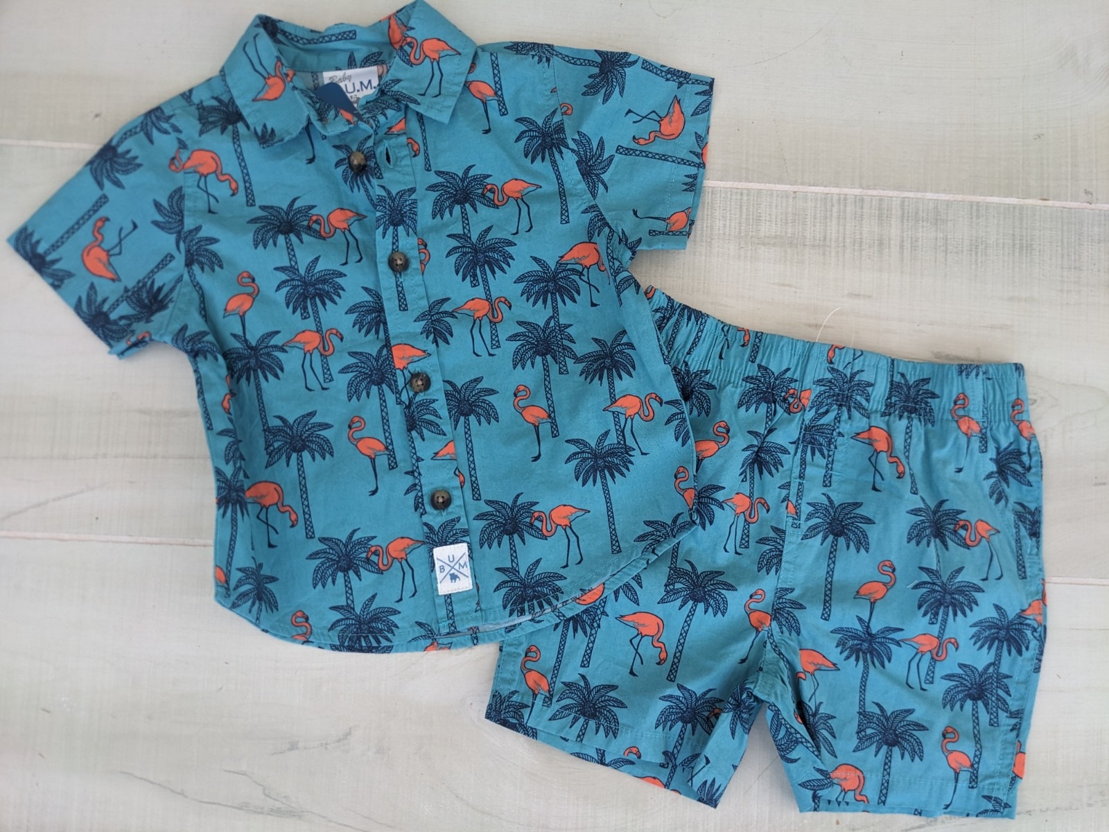 New Baby B.U.M 2 Piece Shorts & Top Set Tropical Palm Trees Flamingos Baby 24 M