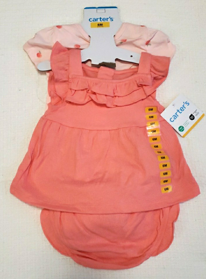New Carter’s 3-Piece Floral Chambray Top Bodysuit Short Set 6 Months Coral