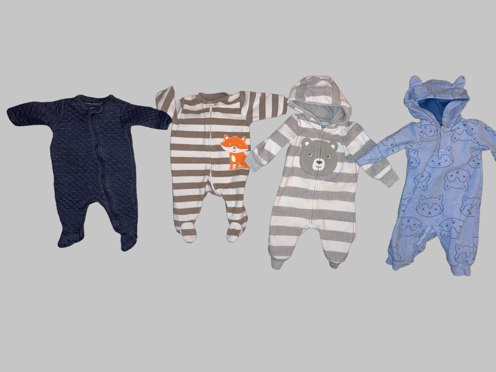 Carter’s Newborn-3M Boy Lot of 4 Cozy Footed Hooded Winter Thick One Pieces