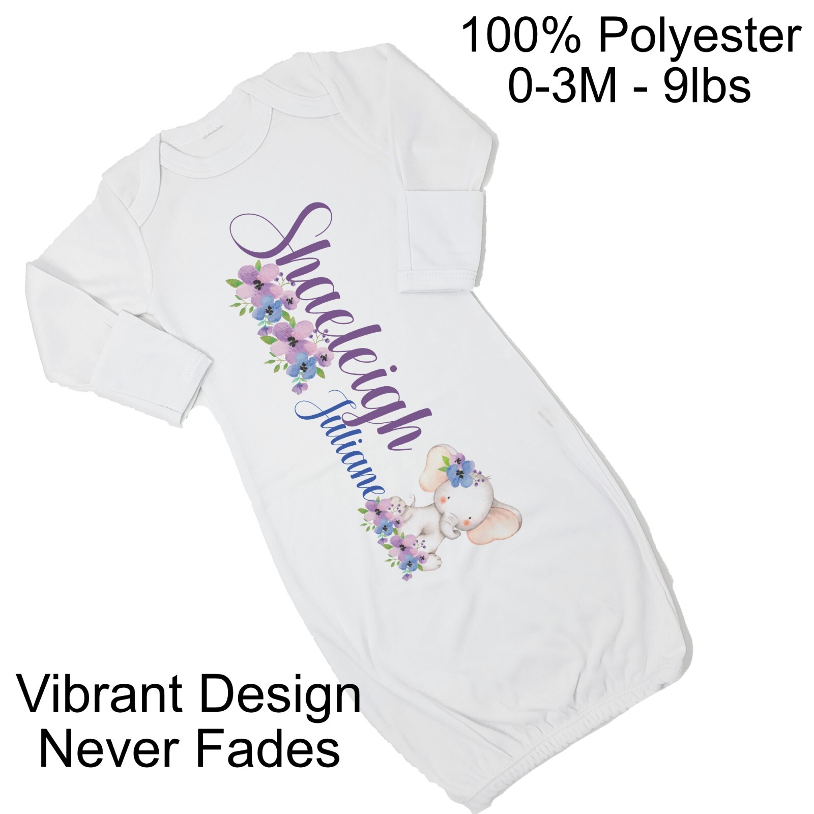 Baby Girl Personalized Purple Floral Elephant Car VS1 Gown Coming Home Outfit