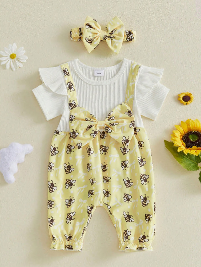 Newborn Baby Girl Outfit Long Sleeve Bee Print Jumpsuit+Bow knot Headband