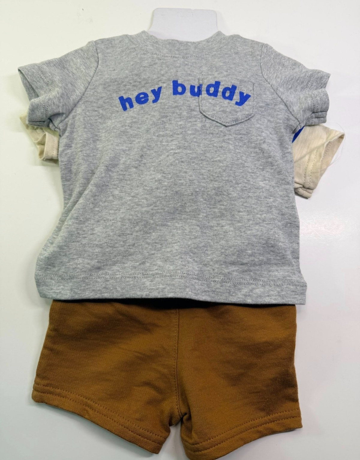 NEW Carter’s 3 Piece Set: Blue/Cream Hooded Shirt, Brown Shorts, Gray T shirt 3M
