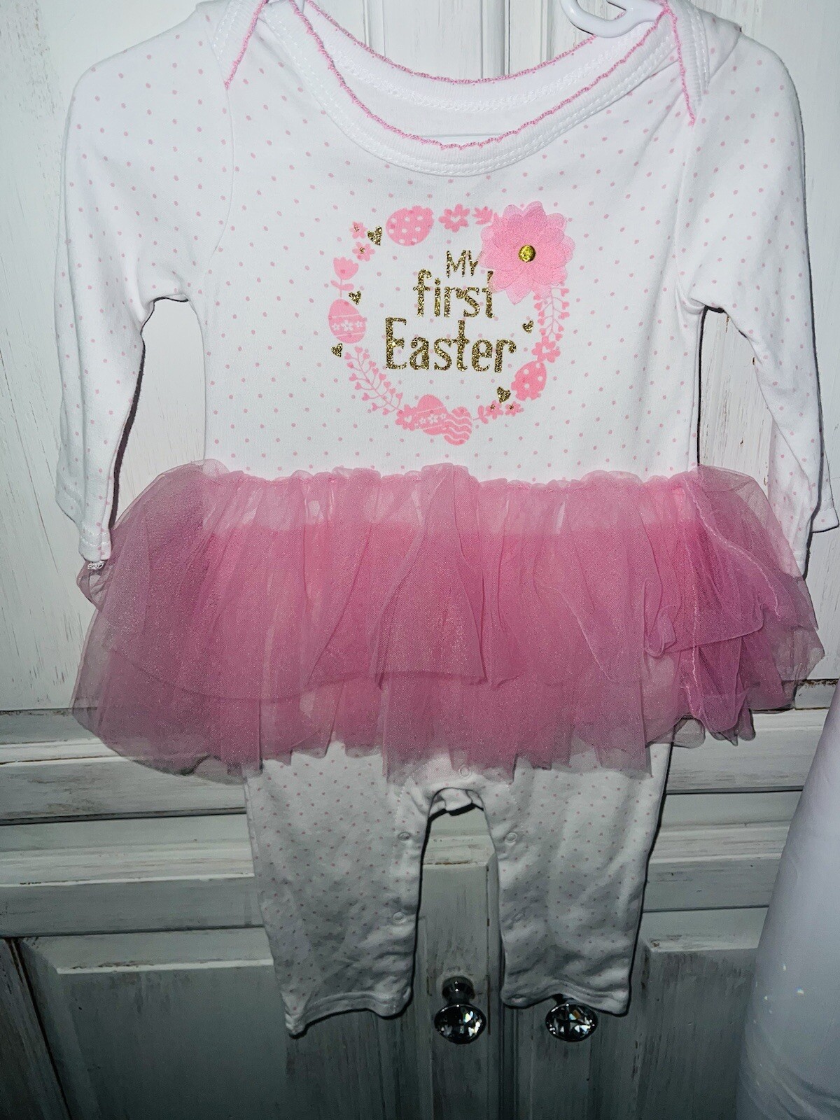 Baby Starter My 1st Easter Outfit Pink Polka Dot Tutu White Gold Floral 9 Months