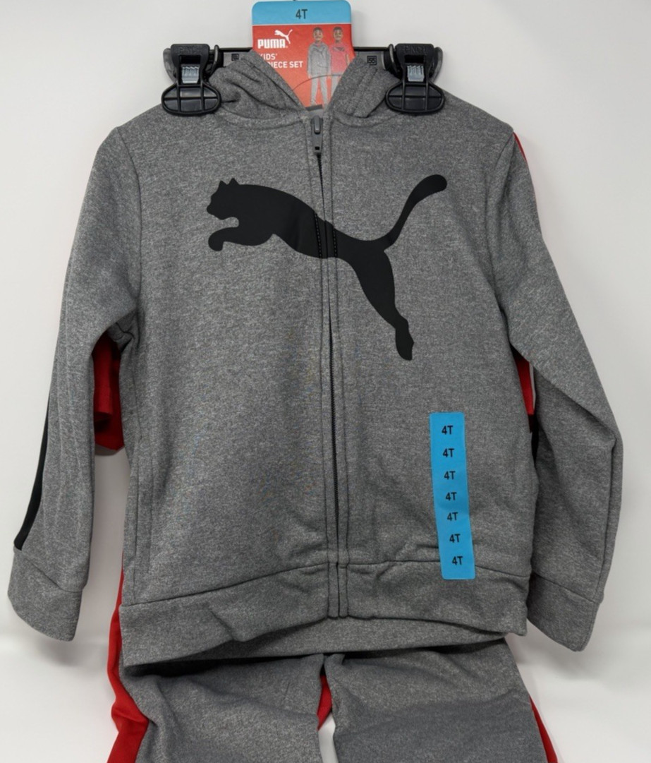 Boys Size 4T PUMA Kids’ 3-Piece Set Outfit Zip-Up Hoodie, Shirt, Pants Gray Red