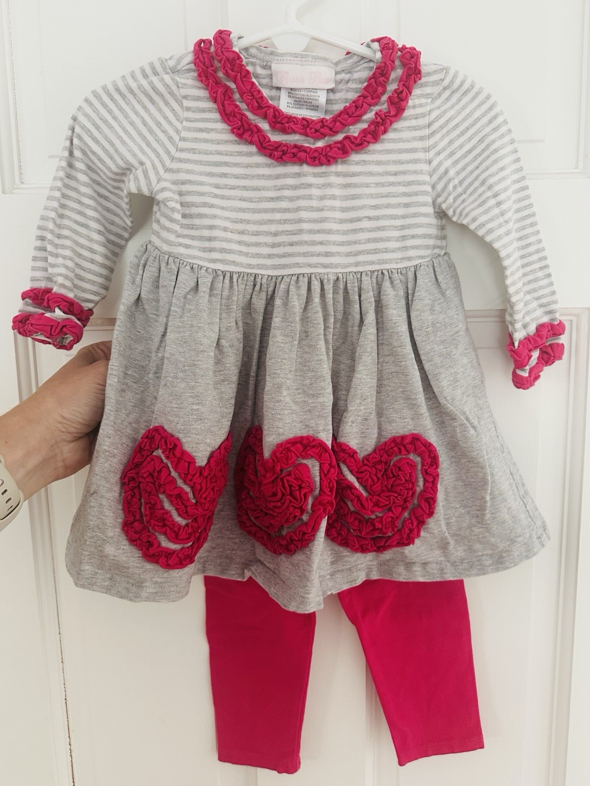 Bonnie Baby Girls Pink and Gray Pants Set with Ruffle Hearts Size 12M EUC