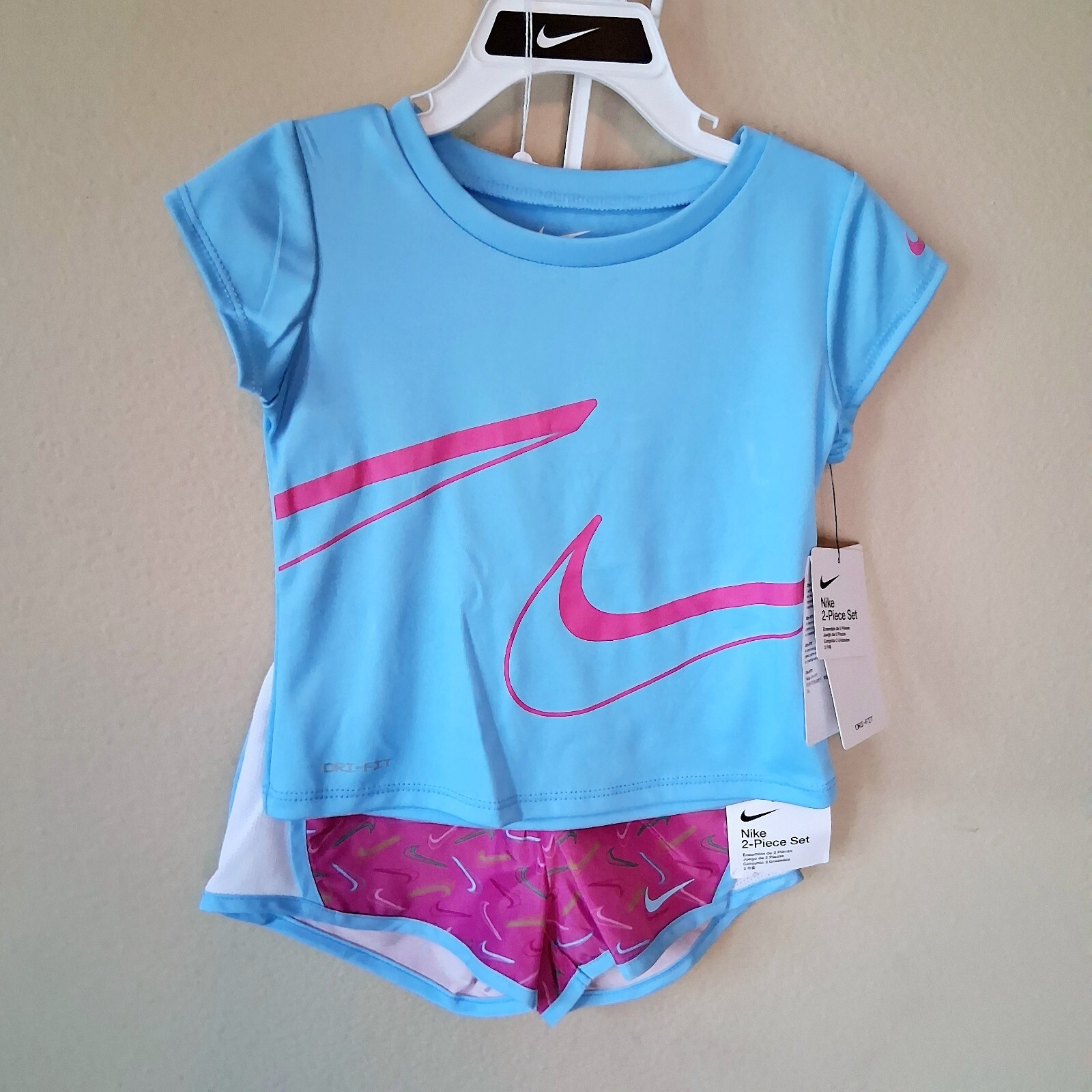 Nike Shorts Set 24M Girls Blue Pink Logo Swoosh Mesh Leg Inserts