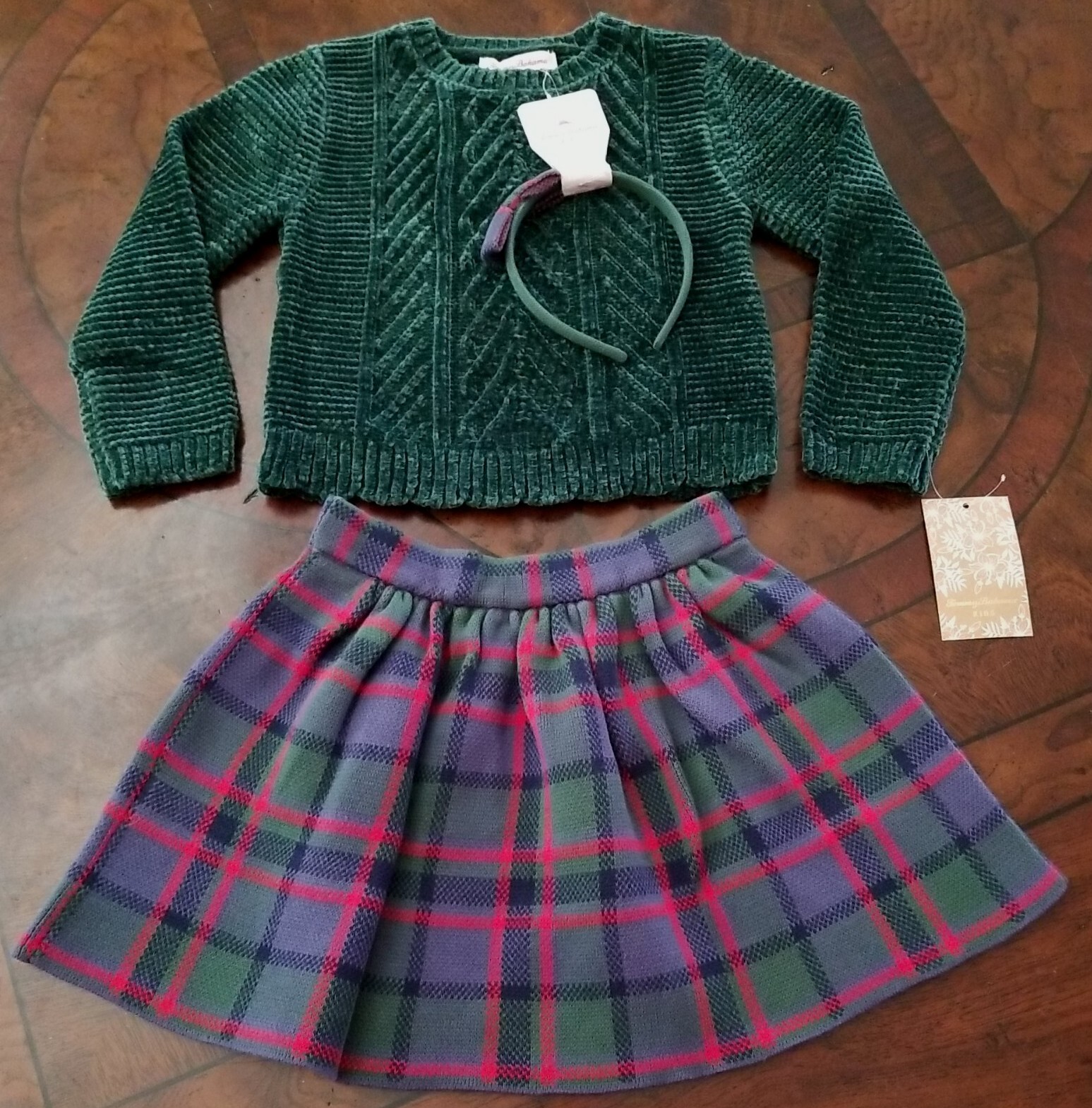 New TOMMY BAHAMA 3 Pc Set Plaid Skirt Sweater Headband 4T Green Holiday Outfit