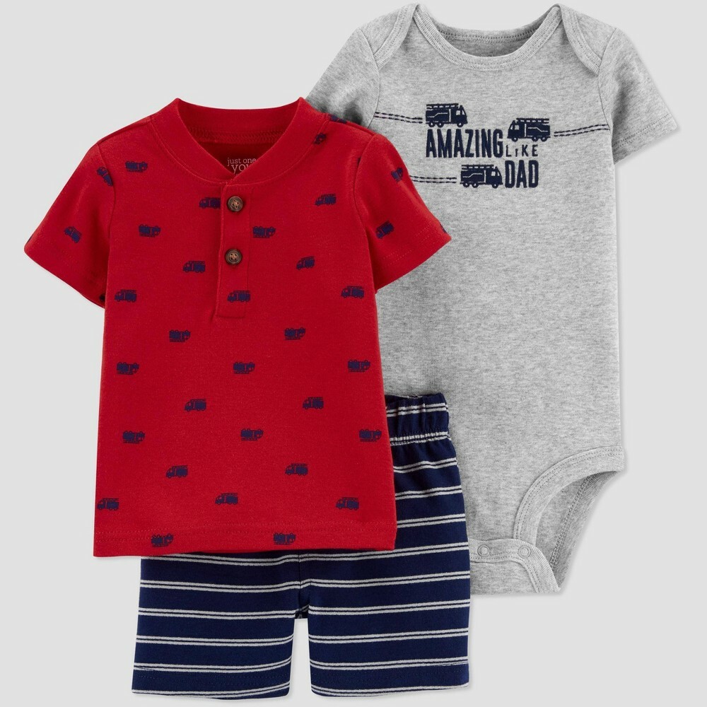 Carter’s Baby Boys’ 3pc Red/Blue/Gray Truck Top, Bodysuit & Short Set 3 Months