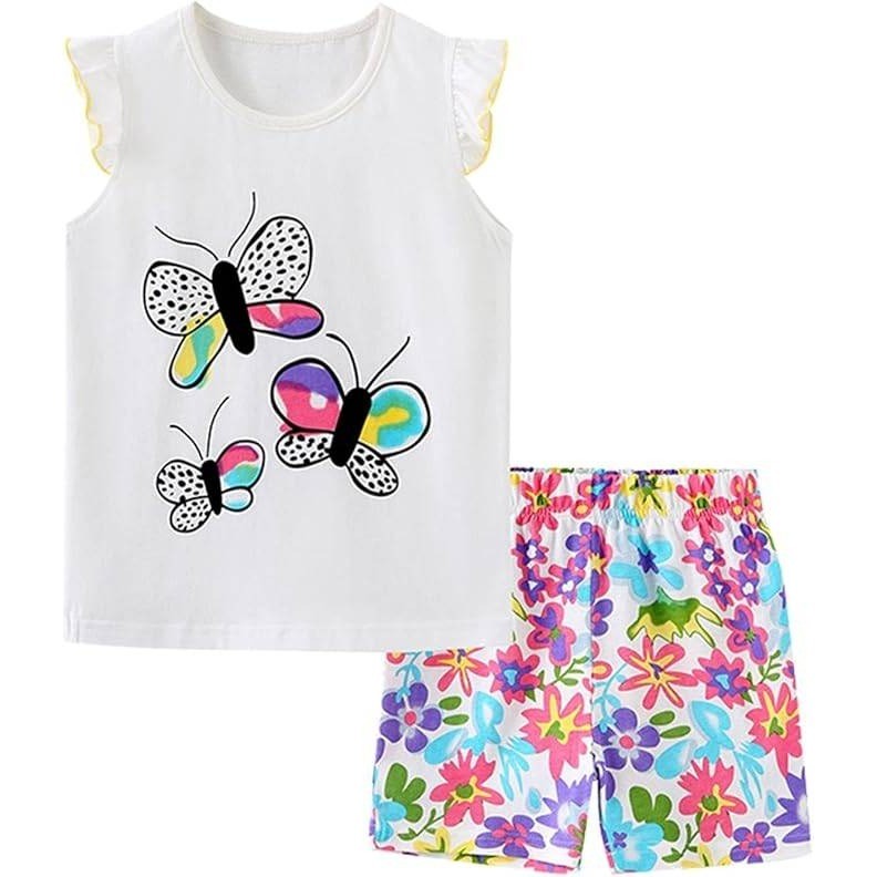 Girls Butterfly Flutter Sleeve Top and Floral Shorts 2-Piece White Sz 5 / #26293
