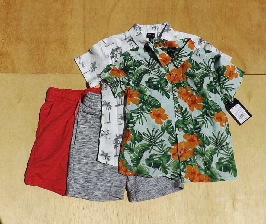 Boys Size 4t/5t Button Down Shirt Set, Art Class, Tropical White Grey Red Green