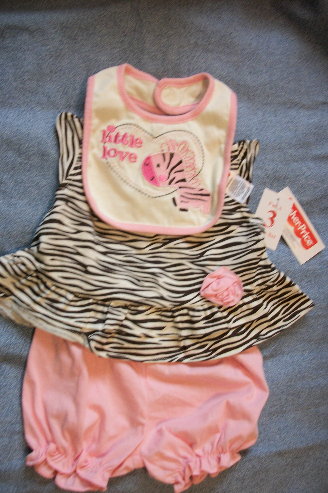 Fisher Price Pink Zebra 3 Piece Set Pink Bloomers, Zebra Top, & Bib NWT 6-9M