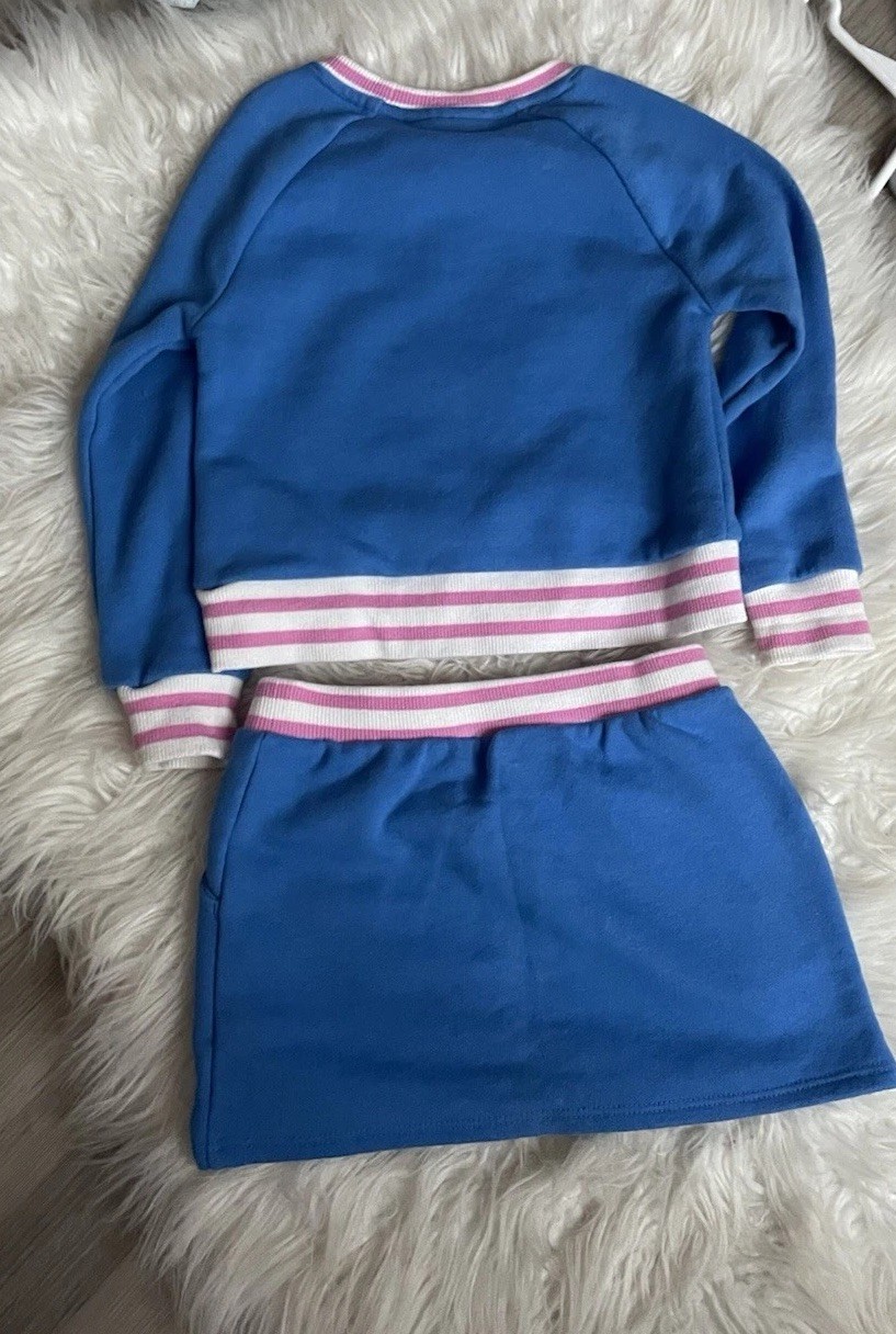 Girls 3T Blue 2Pc Skirt Set Cat Graphic Sweatshirt Outfit Pink Trim