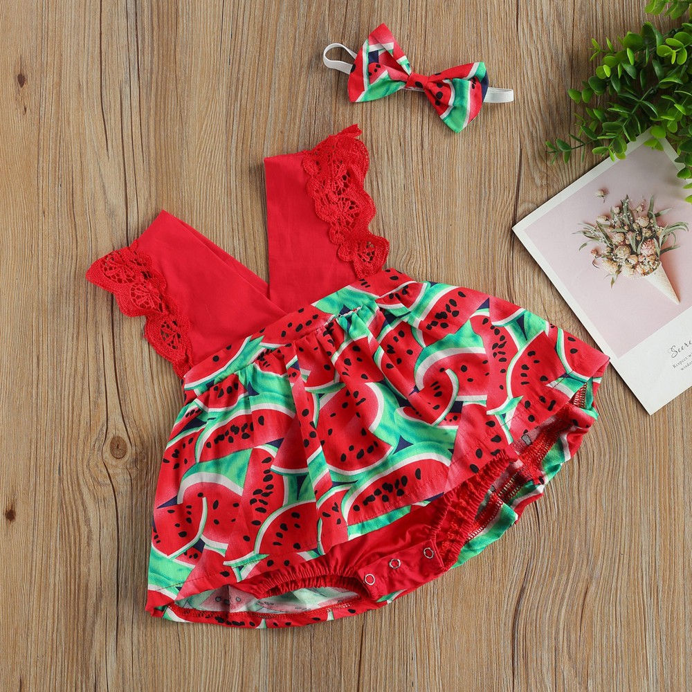 Newborn Baby Girls Watermelon Print Lace V-neck Romper Dress Jumpsuit+Headband