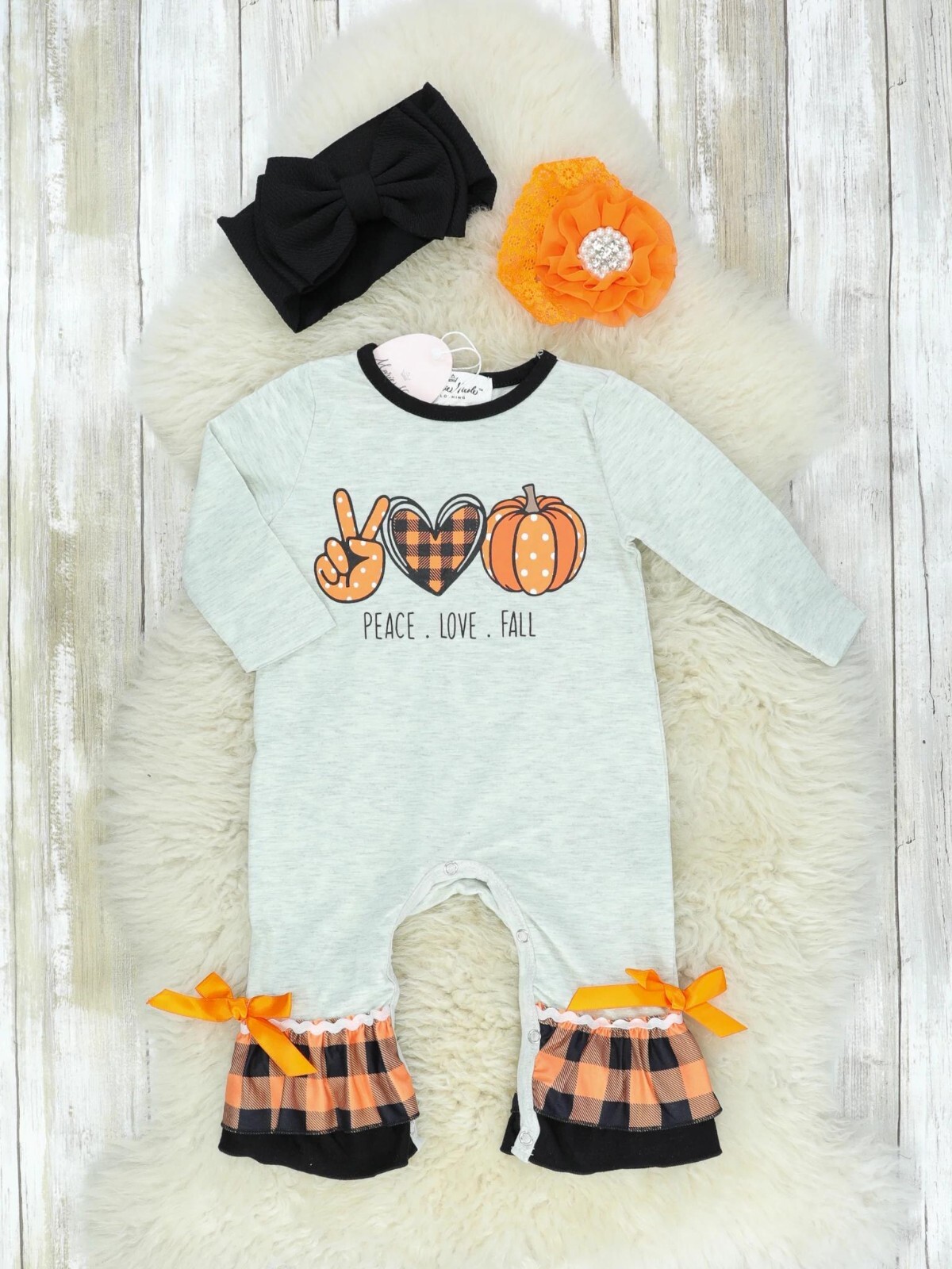 HALLOWEEN OR THANKSGIVING NWT PEACE, LOVE, FALL PUMPKIN RUFFLE ROMPER – 3/6 MOS.