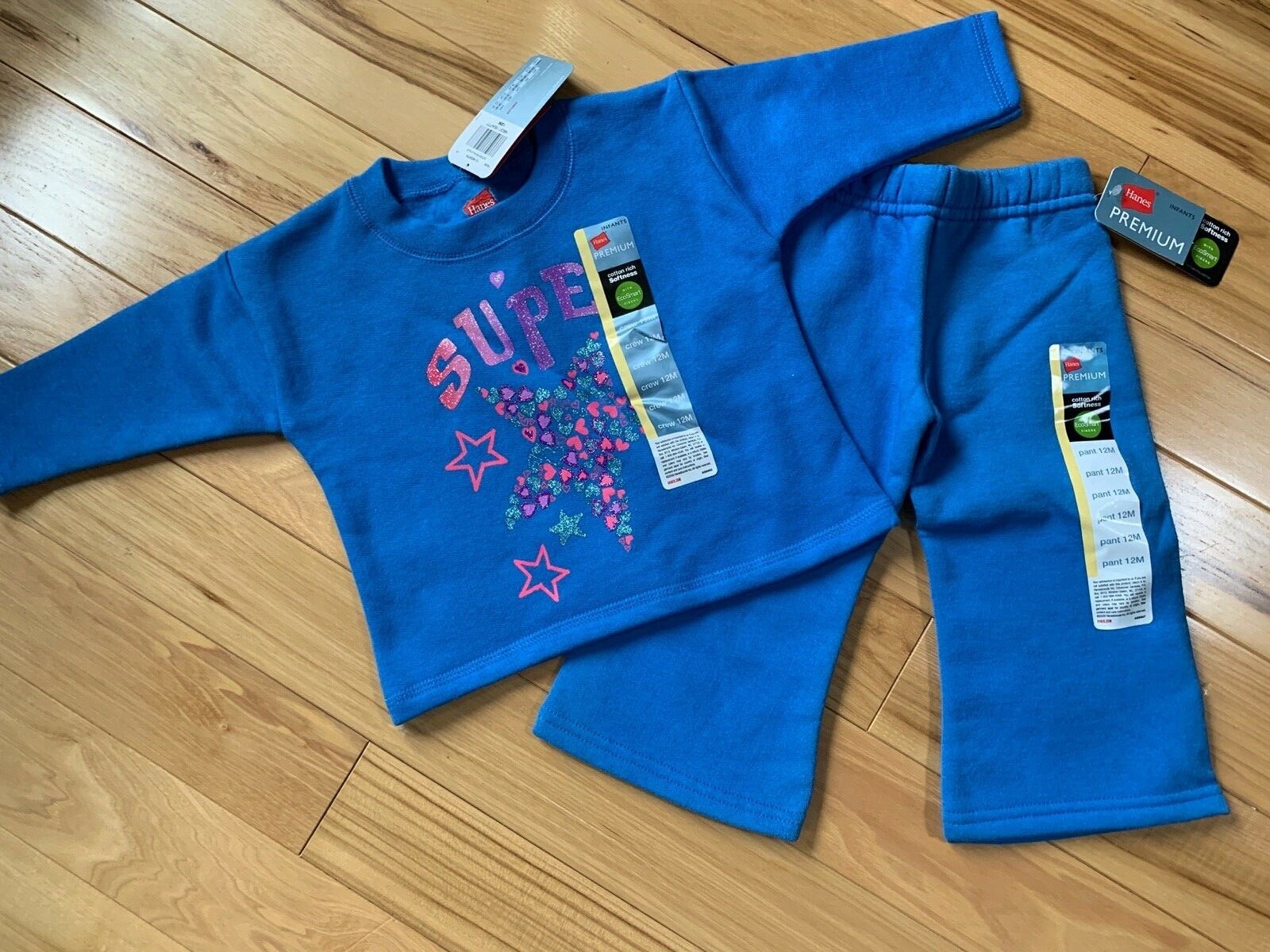 NWT HANES Premium 2 Piece Fleece Lined Top & Bottoms Sz 12 Month Inf Light Blue