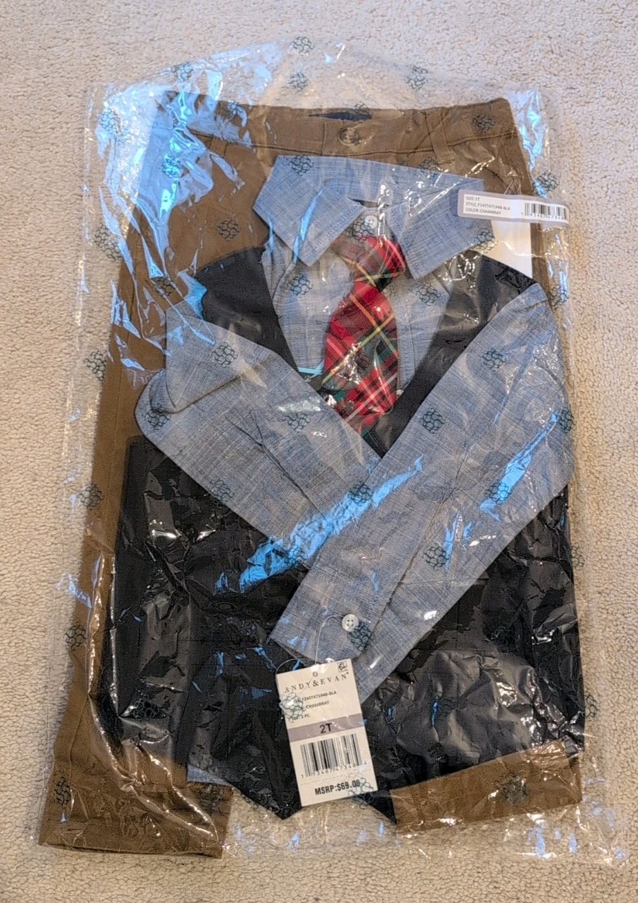 Andy and Evan Toddler Outfit – Chambray Shirt, Vest, Pants and Tie