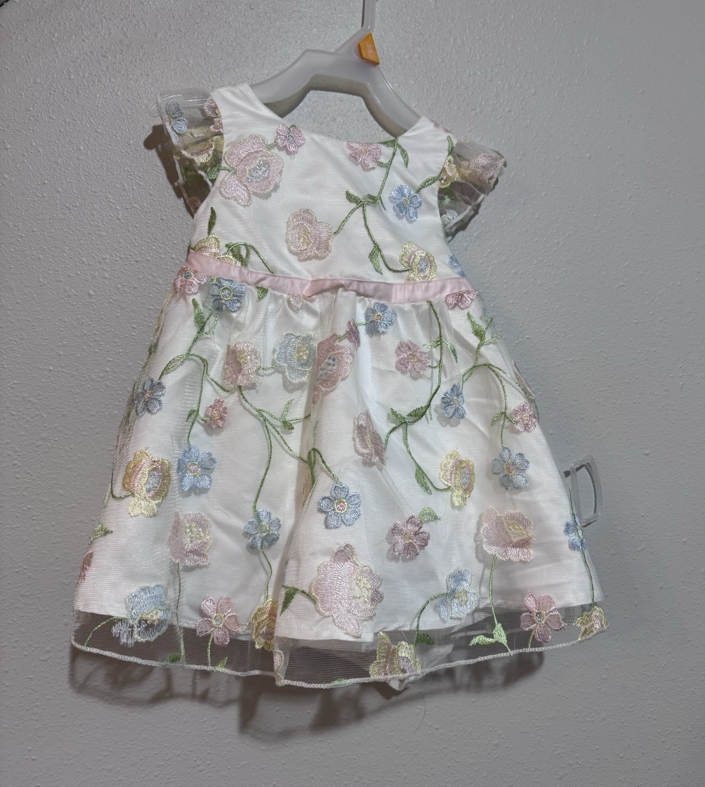 Easter Ivory Floral Embroidered Dress Set with Bow & Bloomers, Short Sleeve, 12M