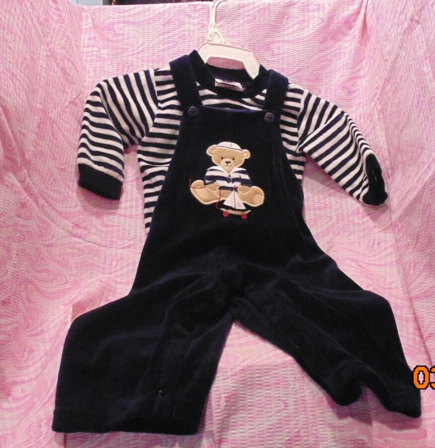 2 pc Boys Good Lad Apparel Navy Overalls w/Bear & Stripe Top Size 6-9 Months