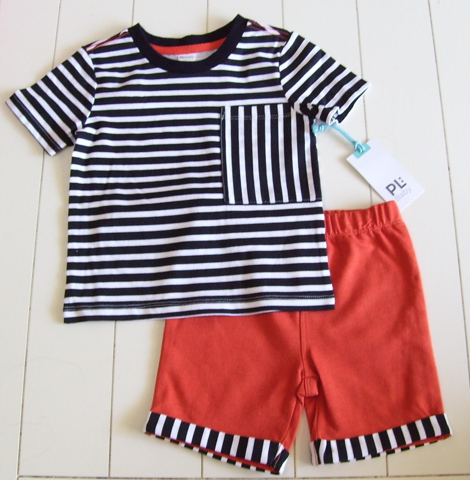 Boys PL Baby 2 Pc Black White Striped Shirt Rust Shorts Outfit 12M