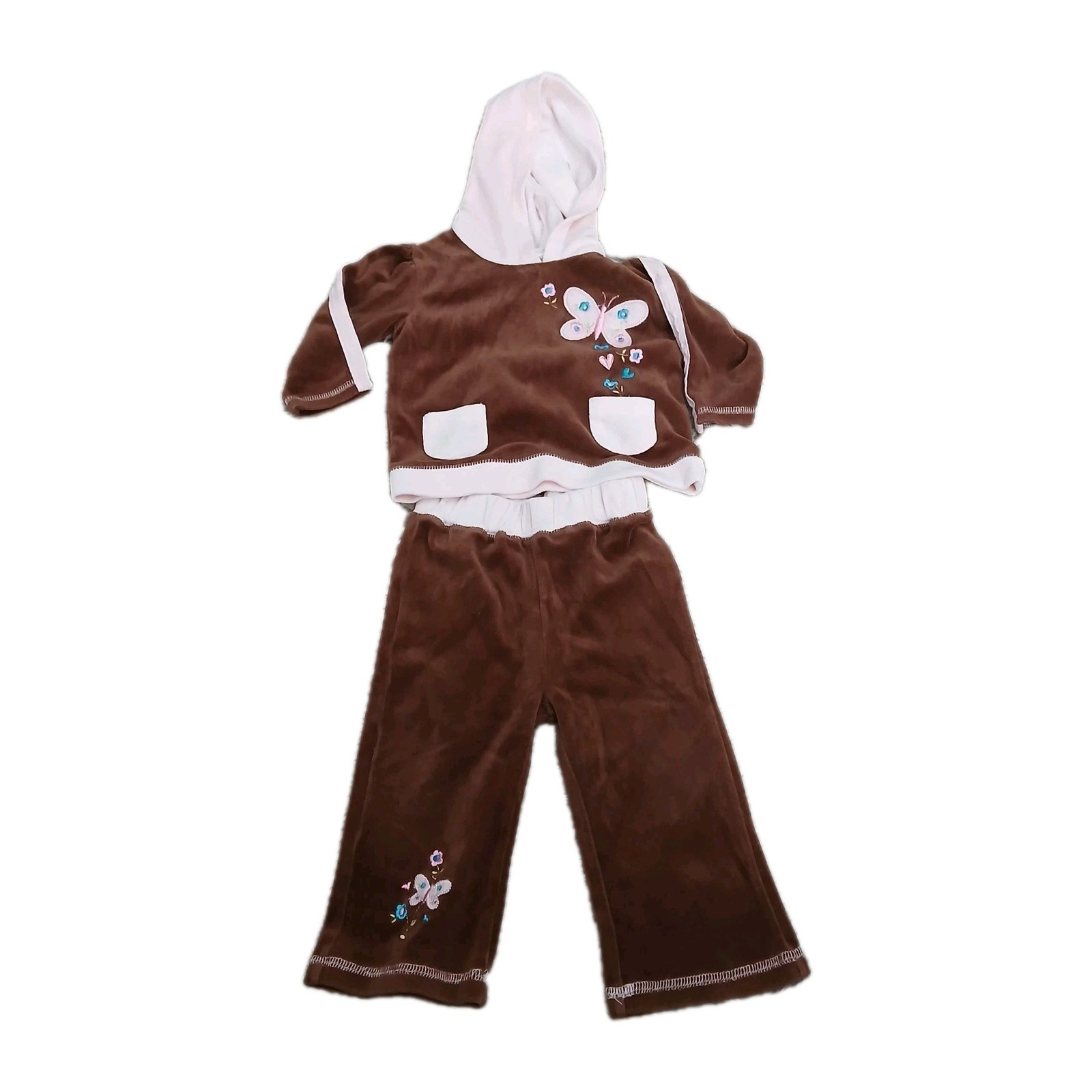Fisher Price Baby Girl 2-Piece Outfit 18M Brown Pink Velour Hoodie Pants Set