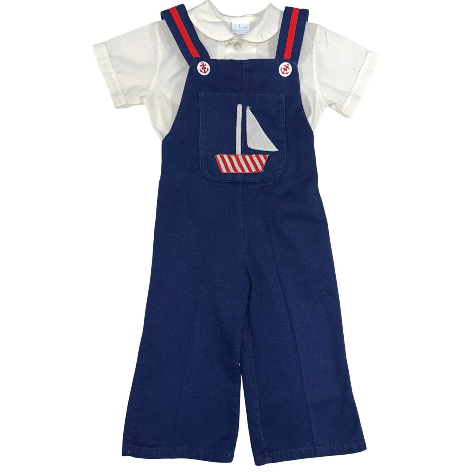 Vintage Baby Boys Red White Blue Sailboat Sailor Shirt & Overalls Set