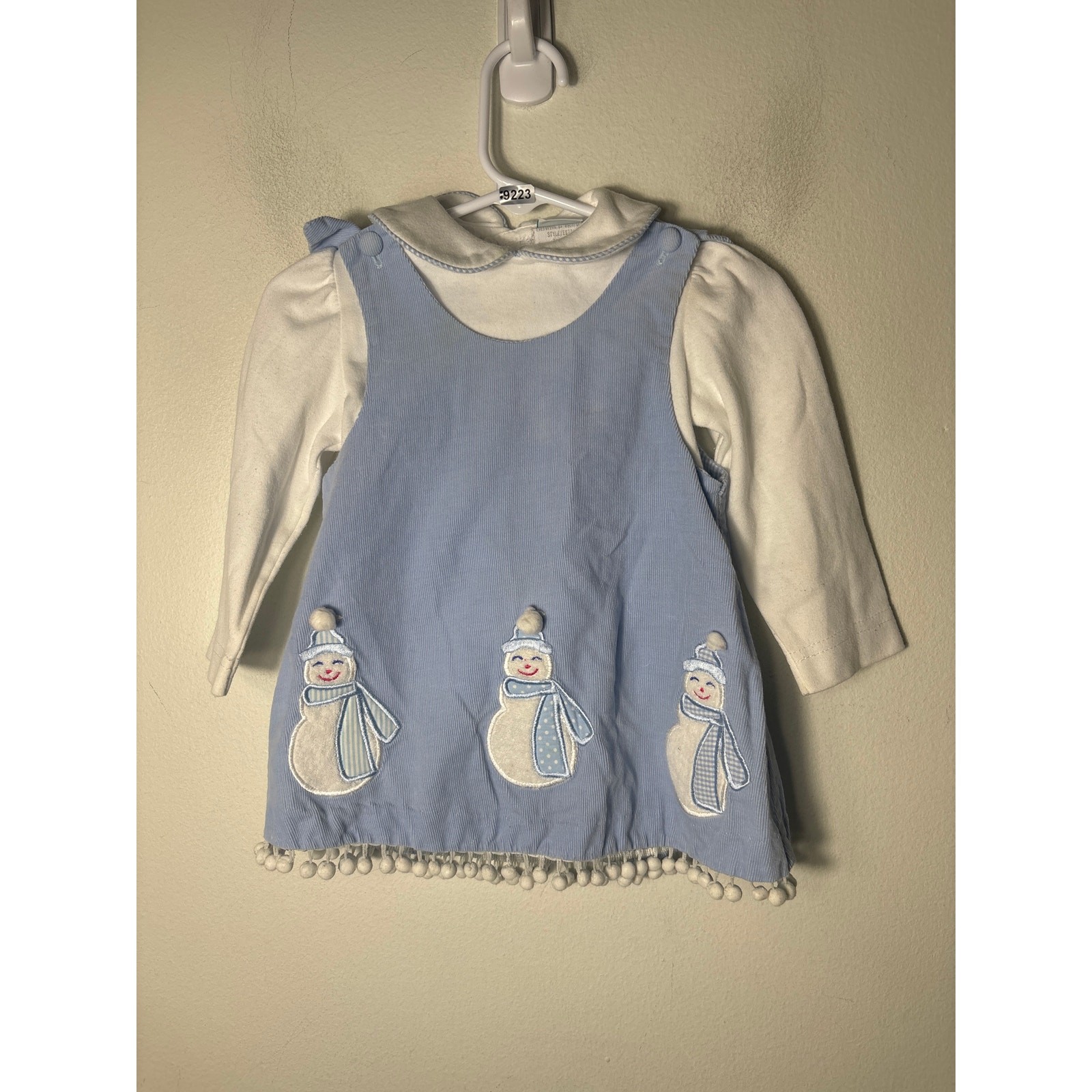 GIrls Vintage PeachesNCream Blue Coduroy Top,Pants&Blouse Set w/ Snowmen Sz 12m