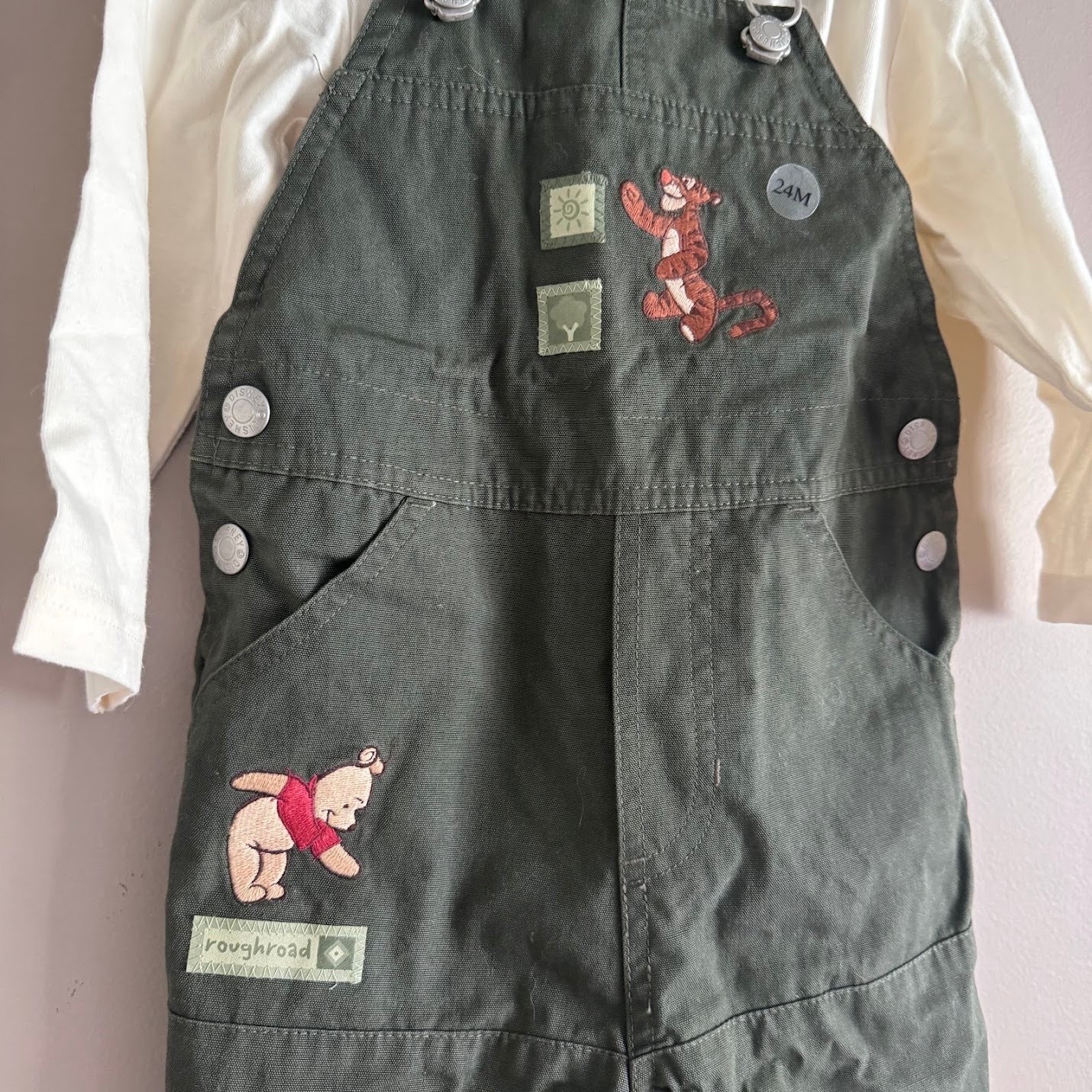 Vintage Disney Store Winnie the Pooh Green Embroidered Overalls Tigger 24M NEW