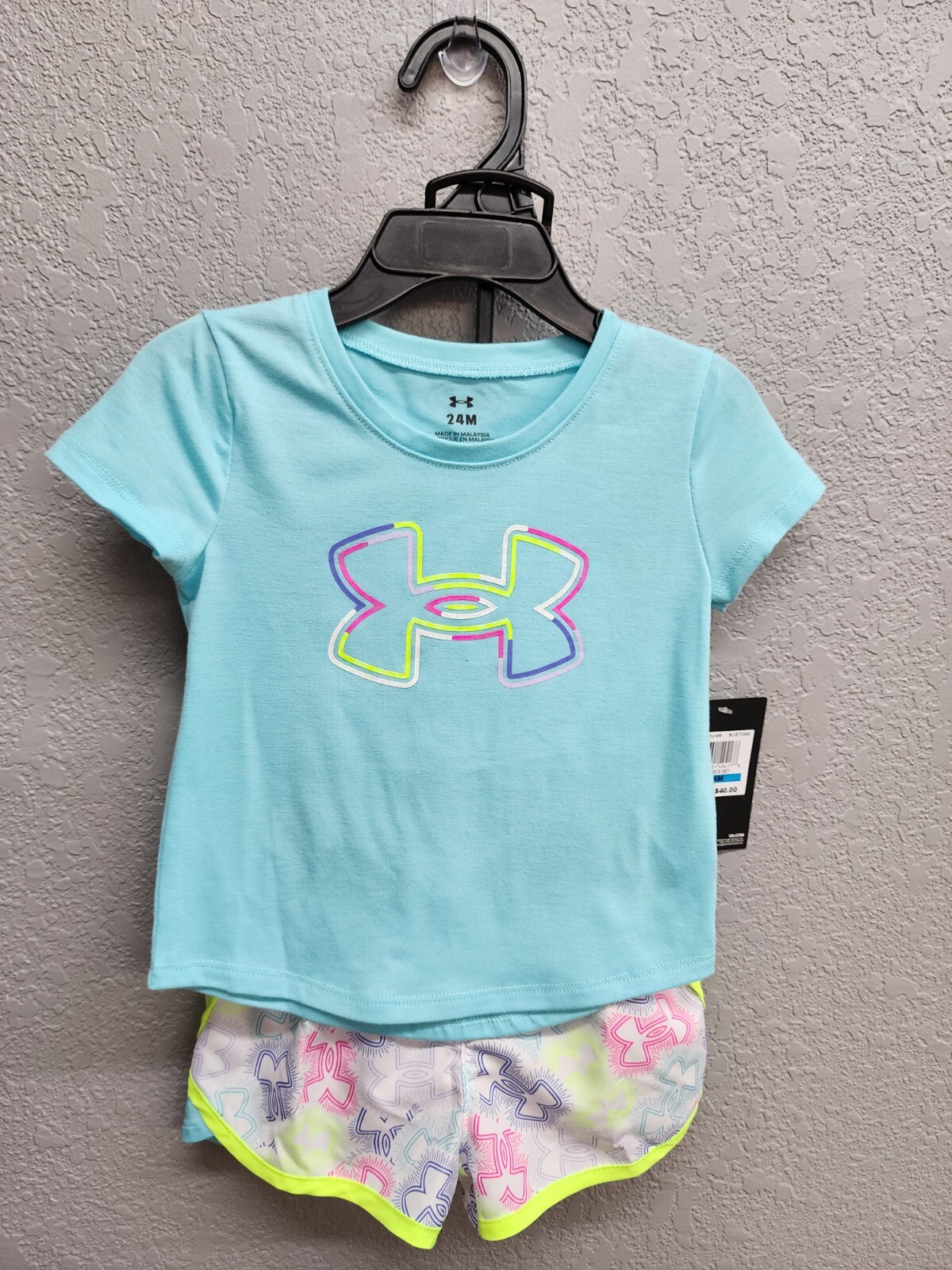 Under Armour Little Girls 24mo Tshirt/Short Set – Aqua/Neon Colors Logo NEW TAGS