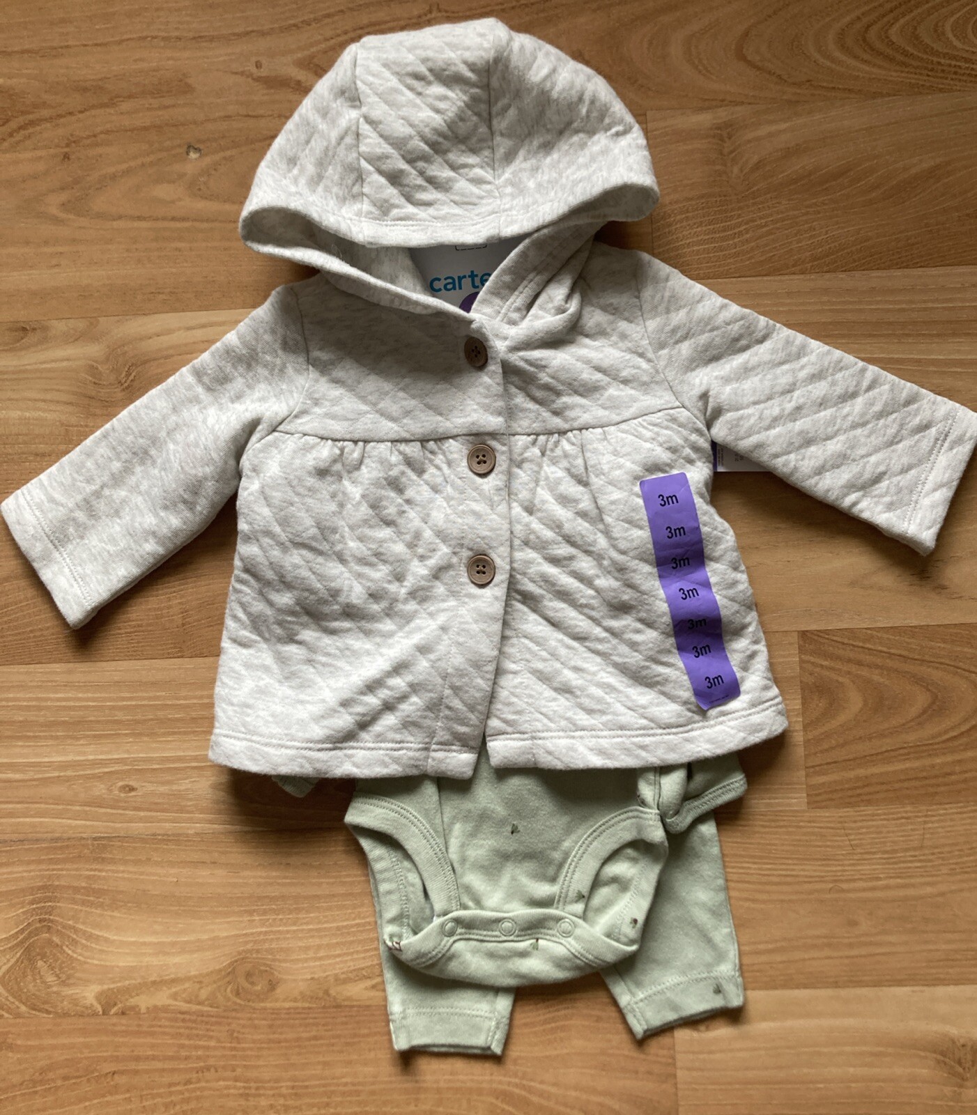 CARTERS Girls 3 PC Quilted light Jacket Hooded green 100% cotton Size 3 M