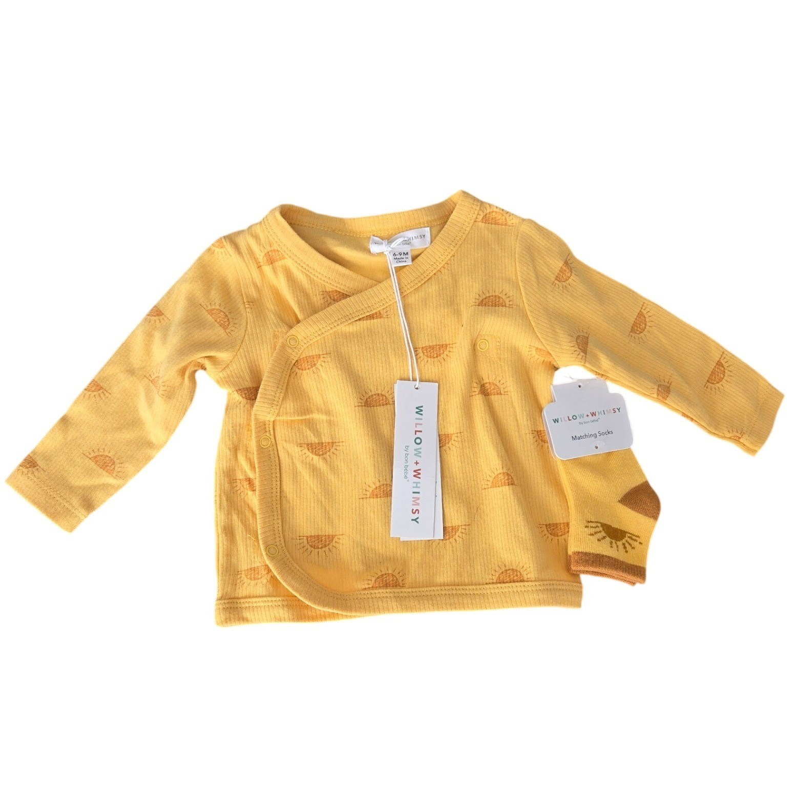 Willow + Whimsy Bon Bebé Baby Kimono Top Socks Set Sun Print Yellow 6-9M NWT