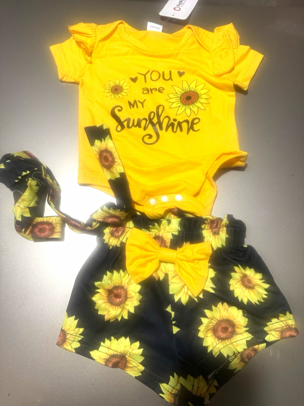 Sunflower 3-Piece Shorts Set Girls 0-3M Yellow Bodysuit, Shorts, Headband