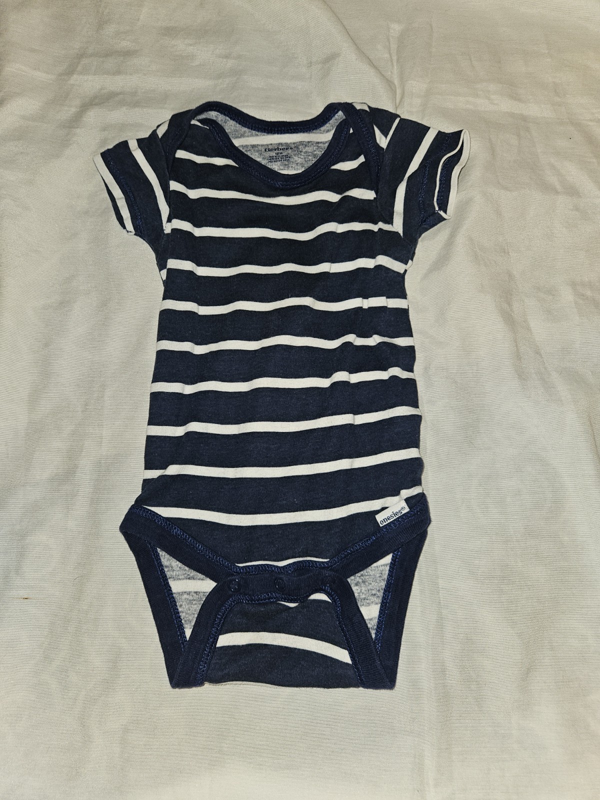 Boys 12 month blue and white striped Gerber Onsie. Short sleeve. (A7)