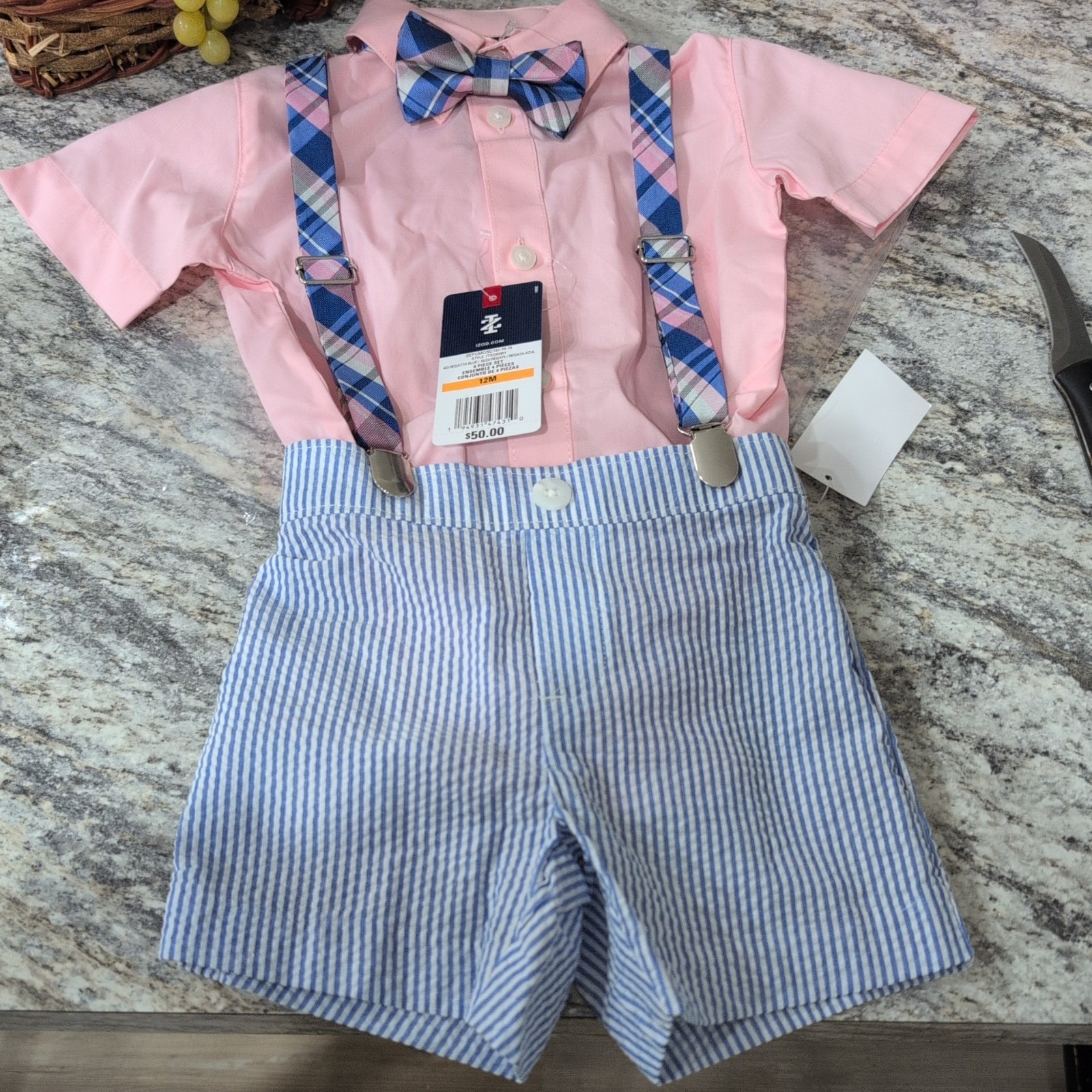 Izod 12M Boys 4 Pc Set Dress Shirt & Shorts, Suspenders Bow tie EASTER PHOTO