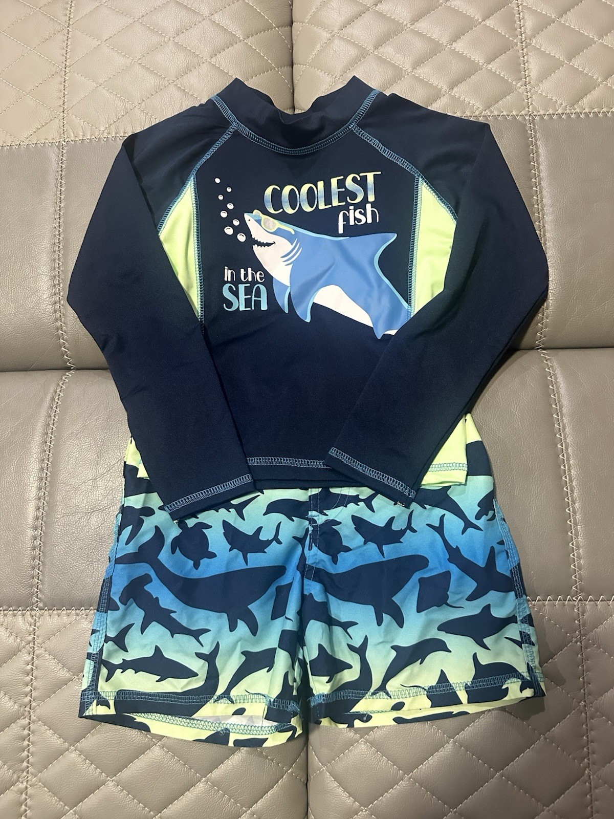 Mick Mack LTD Boys Shark Graphic Swim Set Navy Blue Green 2-Piece Size 4