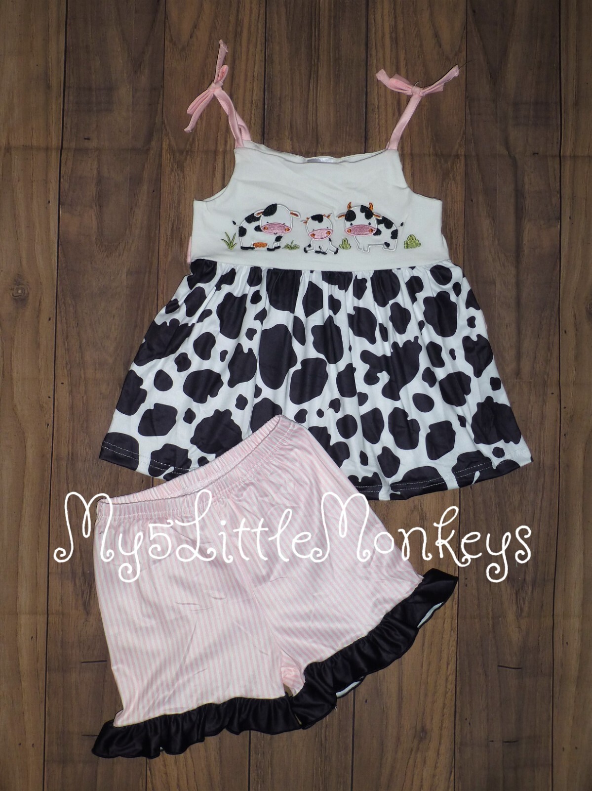 NEW Boutique Cow Print Tunic Dress & Ruffle Shorts Girls Farm Outfit Set