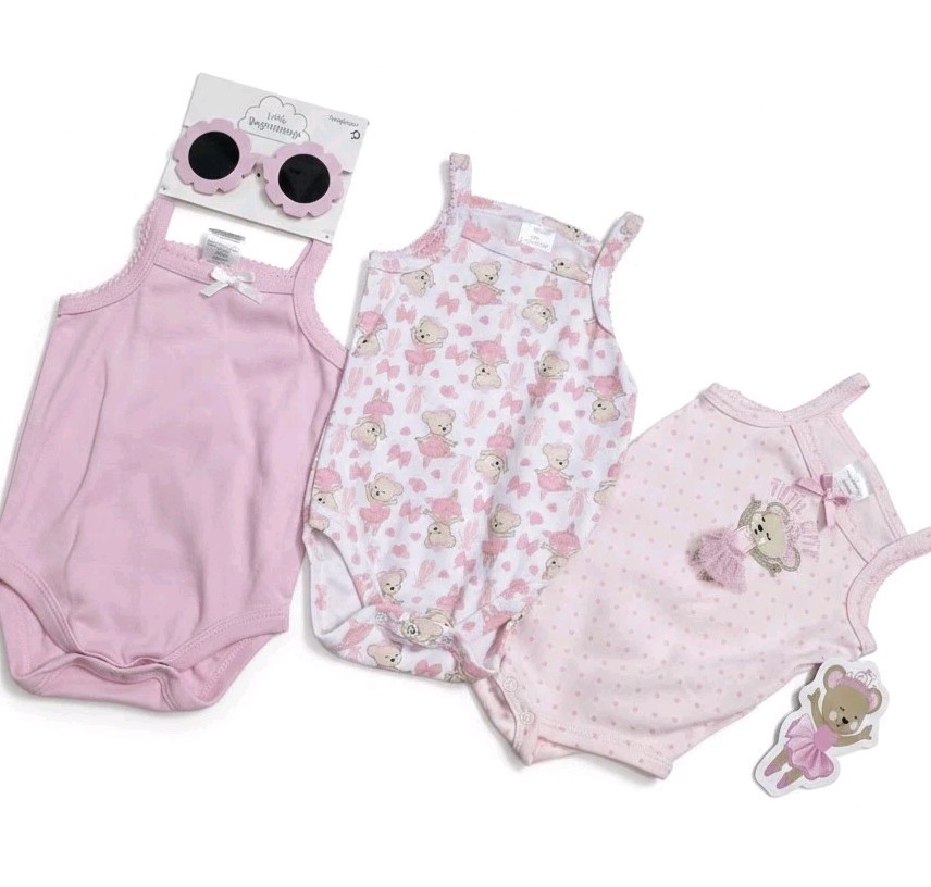 NWT Baby Girl Outfit Bundle: 3 Bodysuits + Sunglasses Brand Little Beginnings