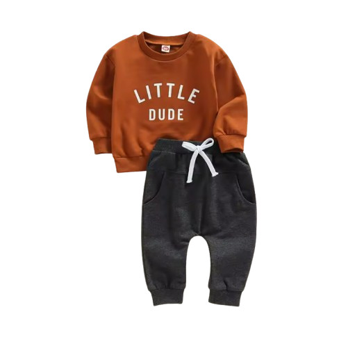 Baby Boy Beige Clothes Autumn Set Letter Print Sweatshirt Top Elastic Drawstring