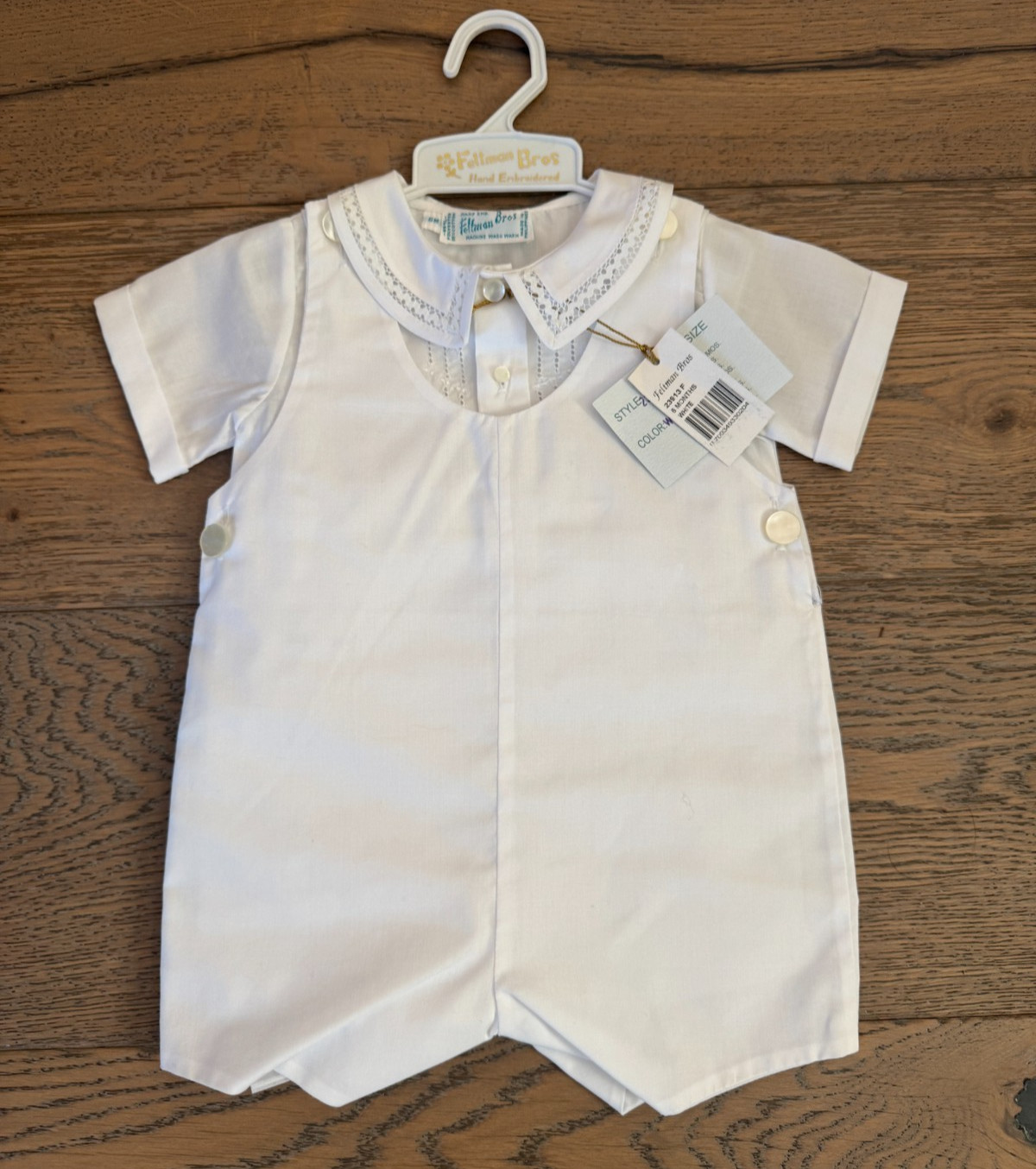 New $68 Feltman Brothers Boys White Dressy Shortall, 6 Months – See Description