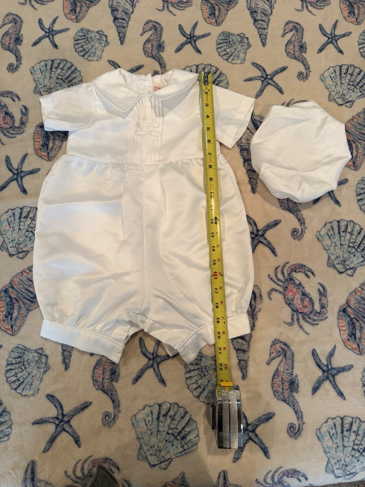 White Satin Baby Romper & Hat Set Short Sleeve Embroidered Formal Christening